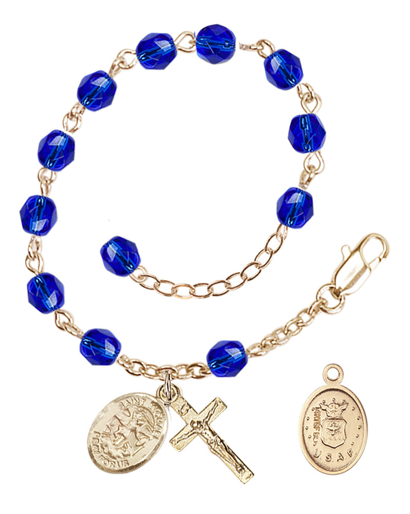 Saint Michael Air Force Rosary Bracelet, 6mm Fire Polished - Gold Plate - Sapphire