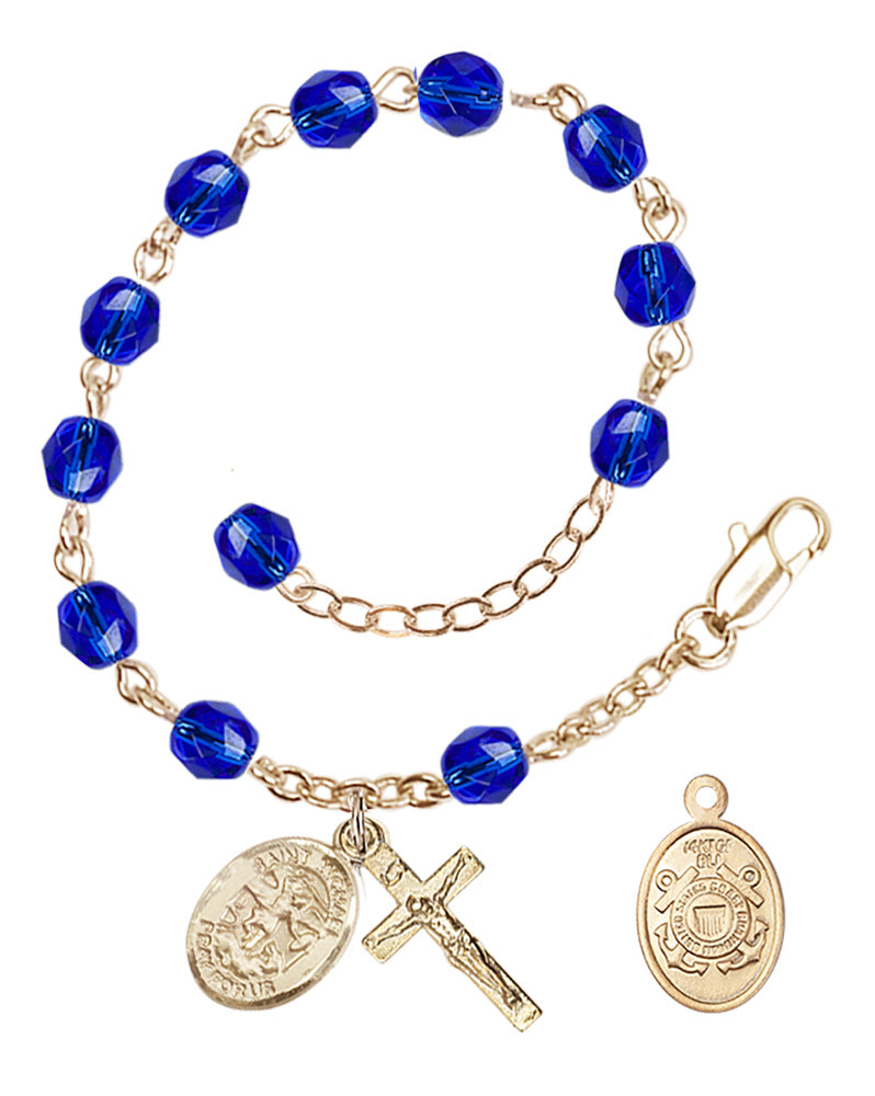 Saint Michael Coast Guard Rosary Bracelet, 6mm Fire Polished - Gold Plate - Sapphire