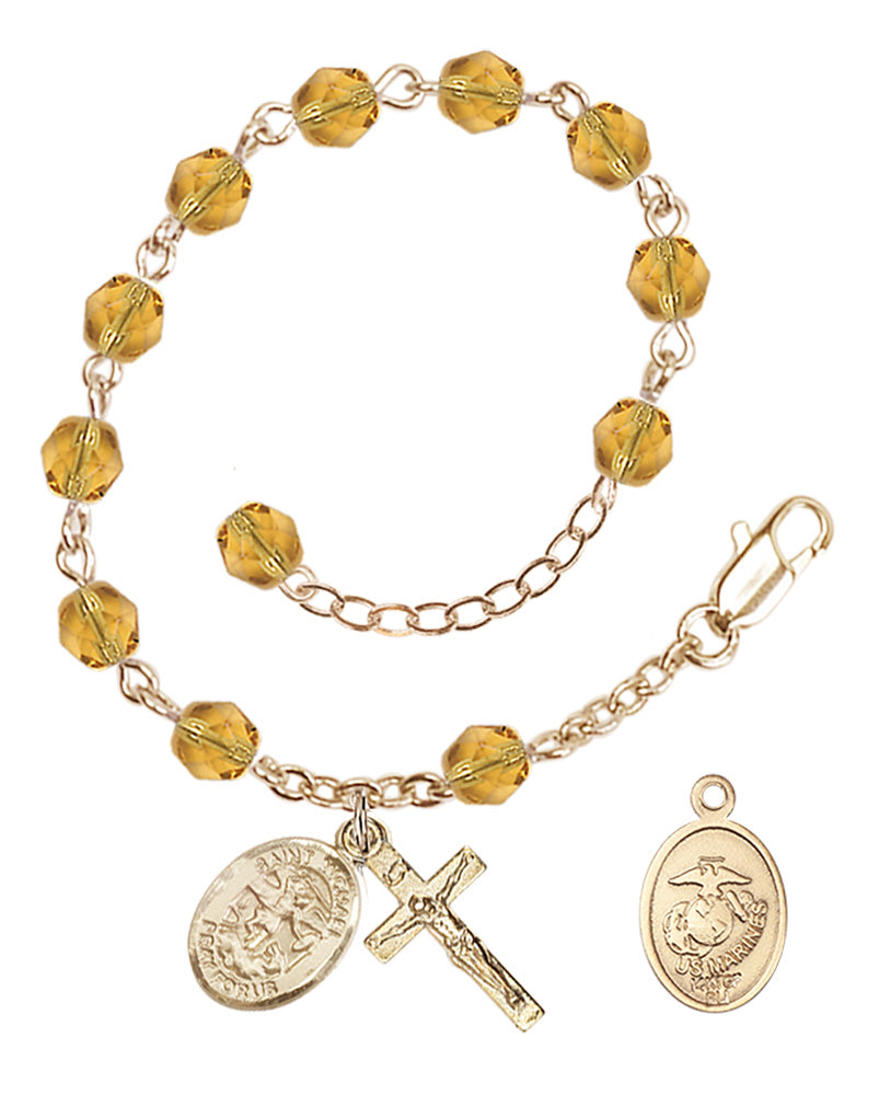 Saint Michael Marines Rosary Bracelet, 6mm Fire Polished - Gold Plate - Topaz