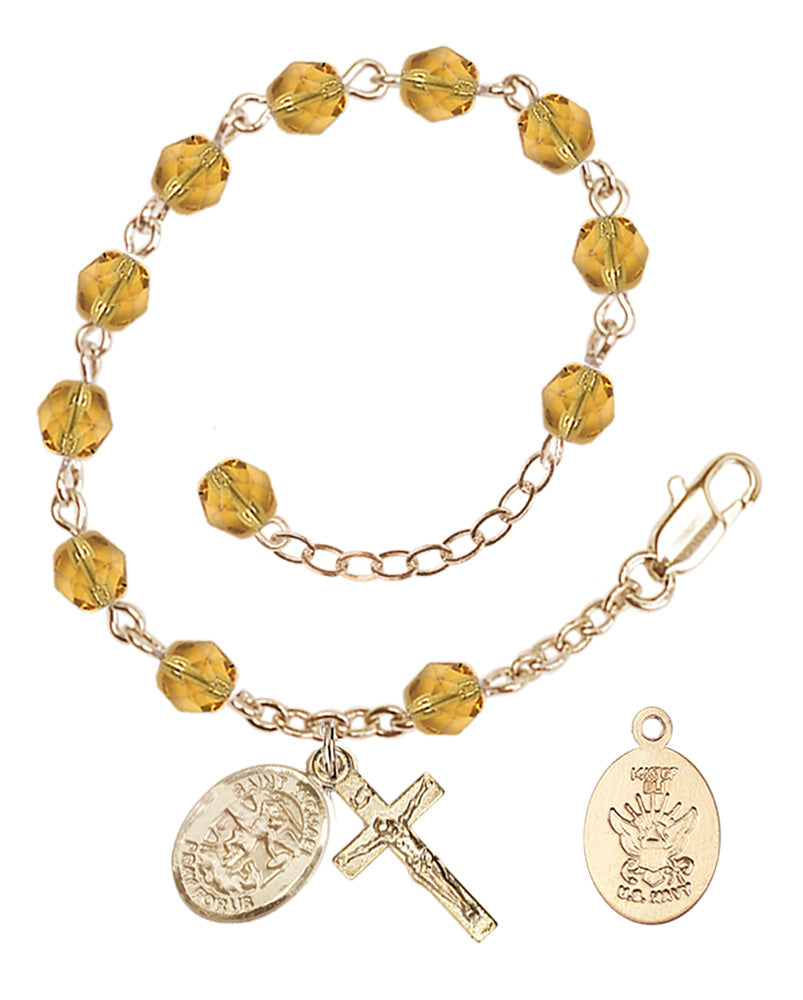 Saint Michael Navy Rosary Bracelet, 6mm Fire Polished - Gold Plate - Topaz
