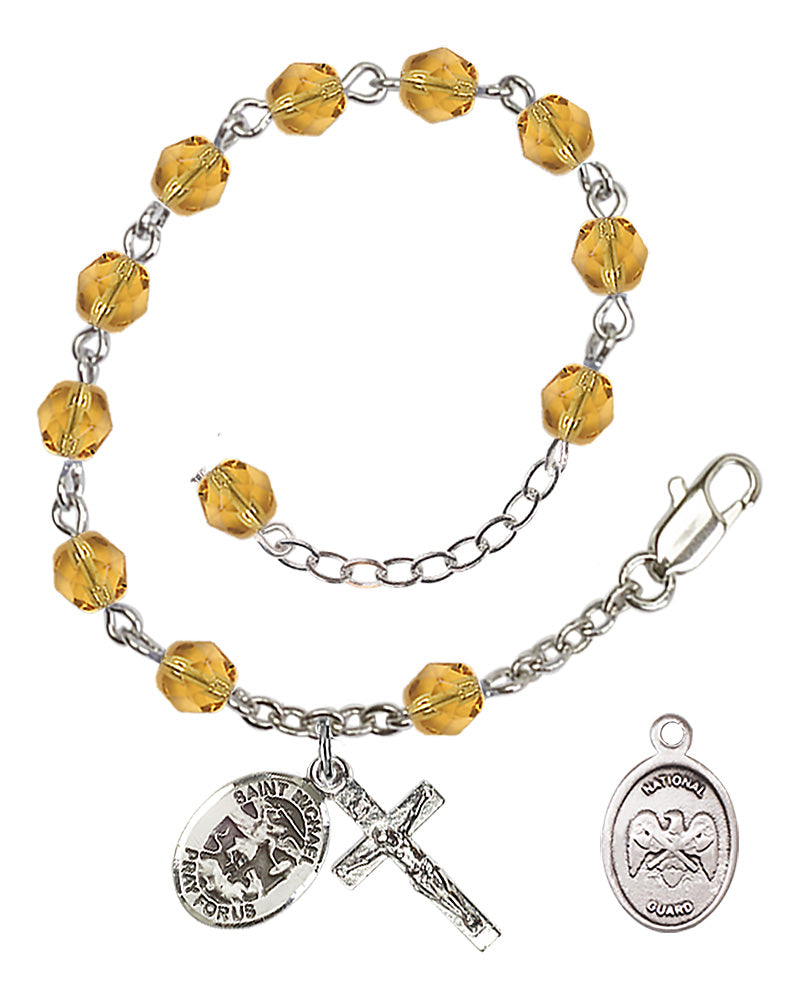 Saint Michael National Guard Rosary Bracelet, 6mm Fire Polished - Silver Plate - Topaz