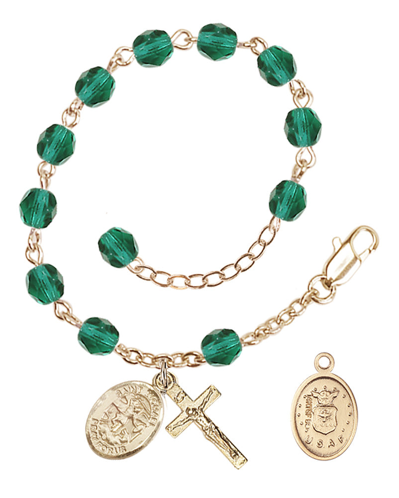Saint Michael Air Force Rosary Bracelet, 6mm Fire Polished - Gold Plate - Zircon