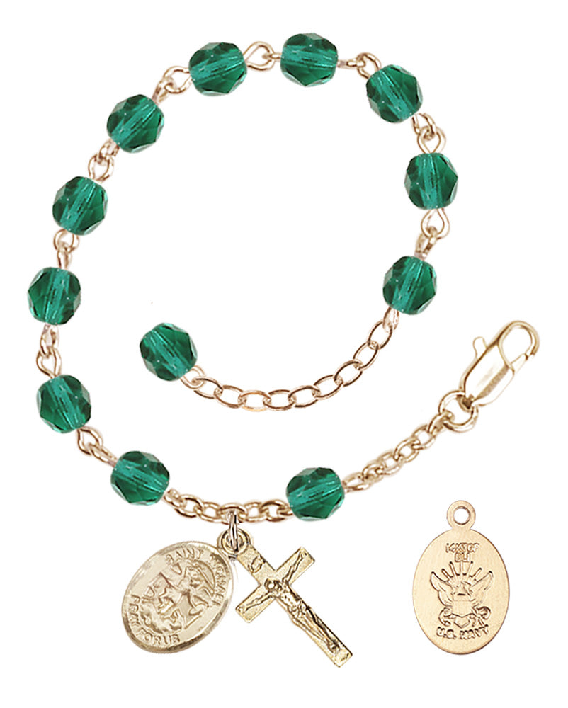 Saint Michael Navy Rosary Bracelet, 6mm Fire Polished - Gold Plate - Zircon