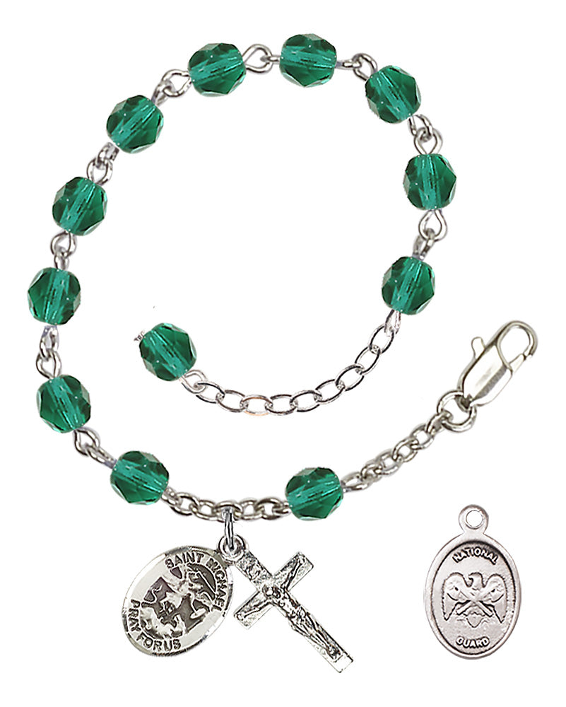 Saint Michael National Guard Rosary Bracelet, 6mm Fire Polished - Silver Plate - Zircon