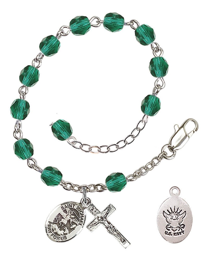 Saint Michael Navy Rosary Bracelet, 6mm Fire Polished - Silver Plate - Zircon
