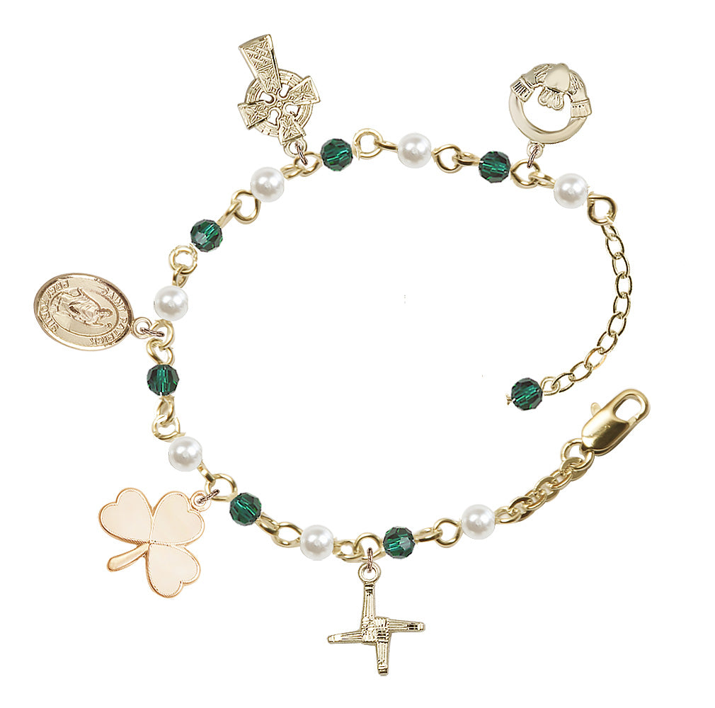 Irish Charm Bracelet - Gold Plate - Emerald and Pearl