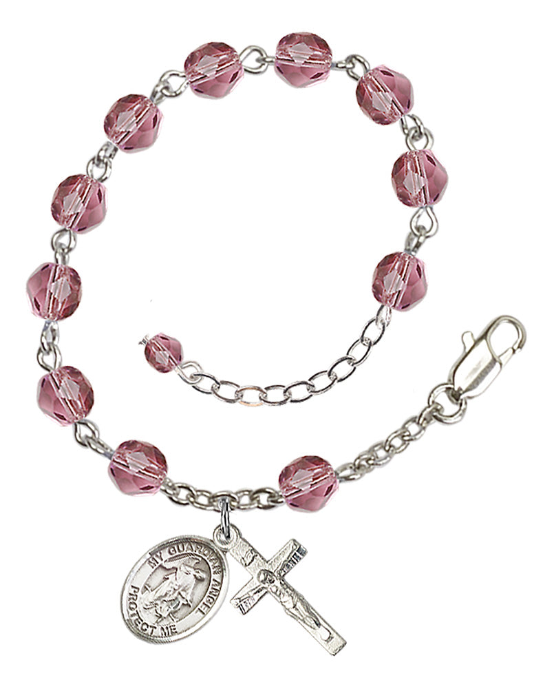 Guardian Angel with Child Rosary Bracelet - Silver Plate - February - Amethyst