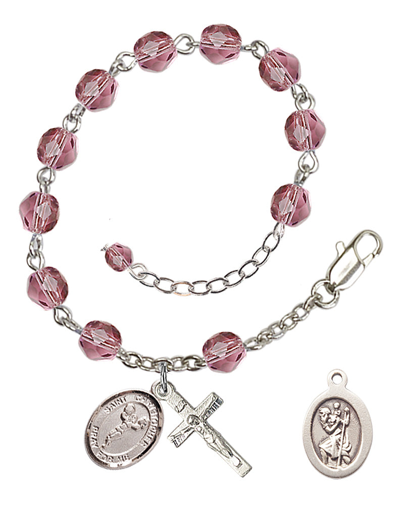 Saint Christopher Cheerleading Rosary Bracelet - Silver Plate - February - Amethyst