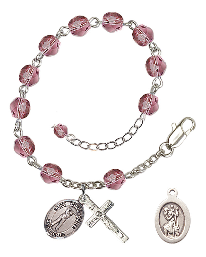 Saint Christopher Golf Rosary Bracelet - Silver Plate - February - Amethyst