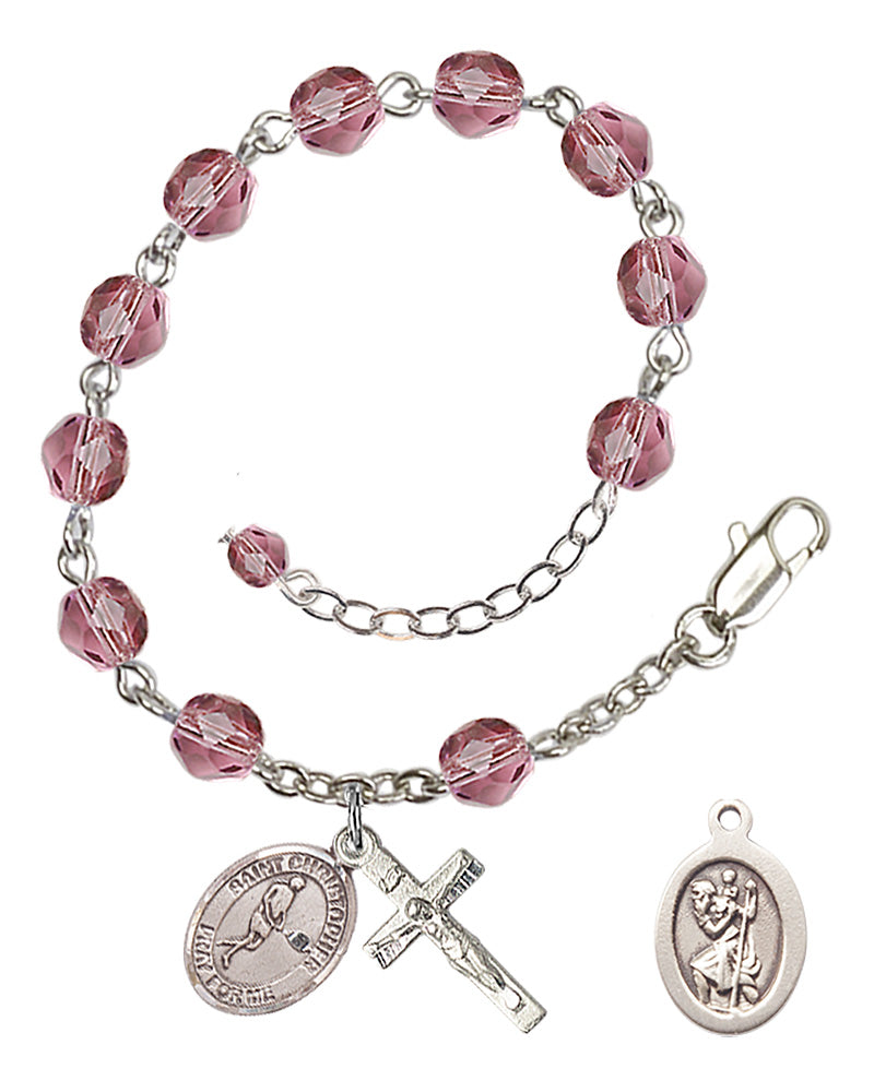Saint Christopher Tennis Rosary Bracelet - Silver Plate - February - Amethyst