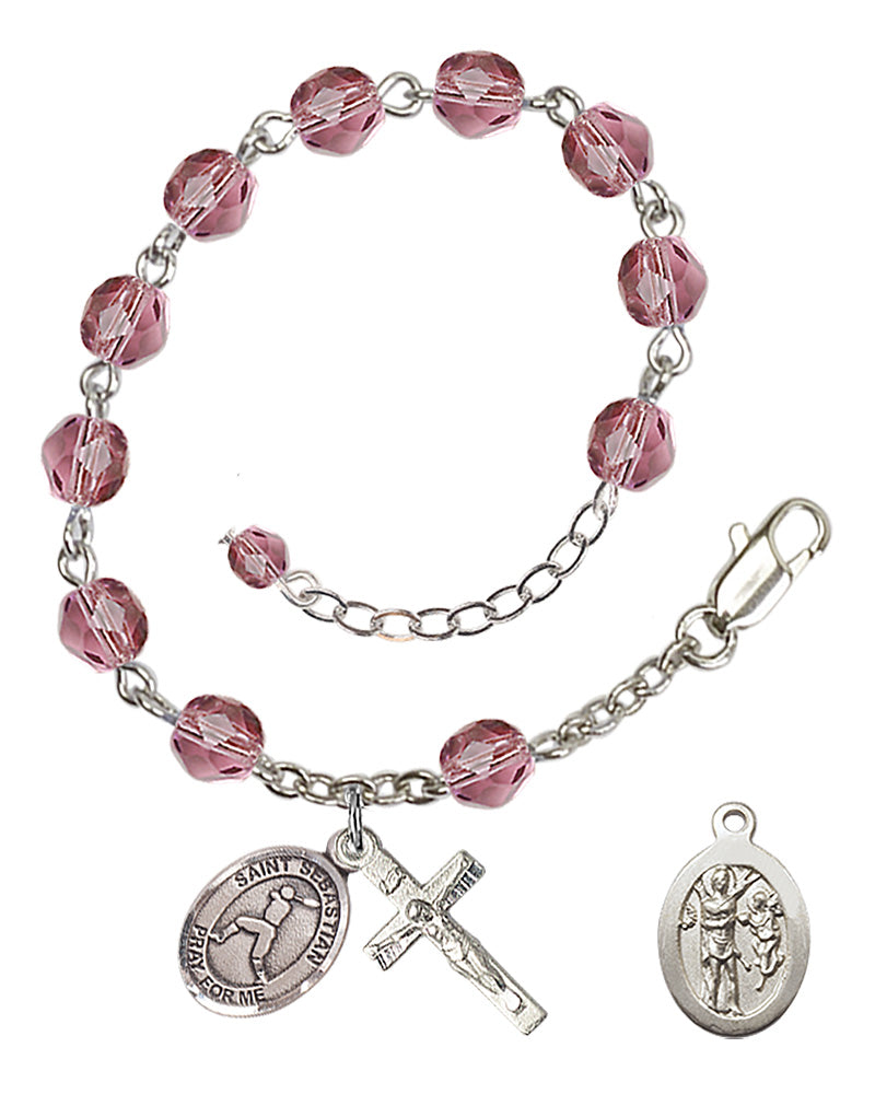 Saint Sebastian Baseball Rosary Bracelet - Silver Plate - February - Amethyst