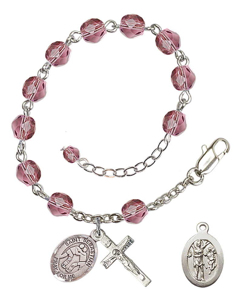 Saint Sebastian Wrestling Rosary Bracelet - Silver Plate - February - Amethyst