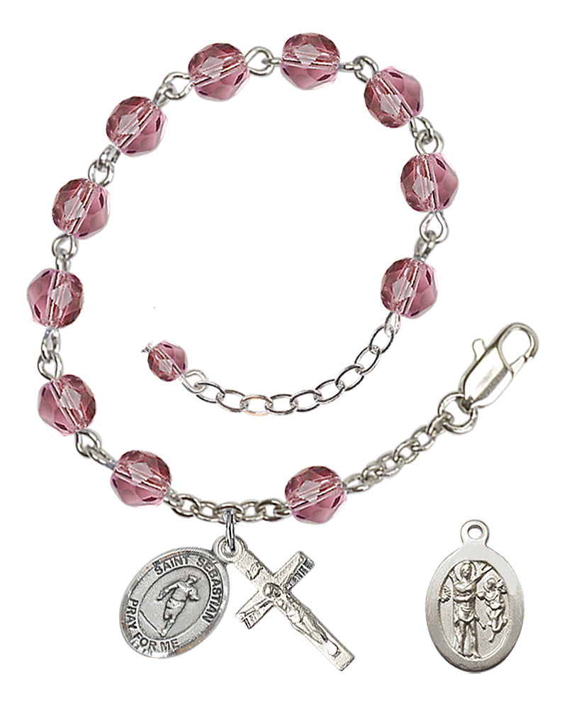 Saint Sebastian Rugby Rosary Bracelet - Silver Plate - February - Amethyst