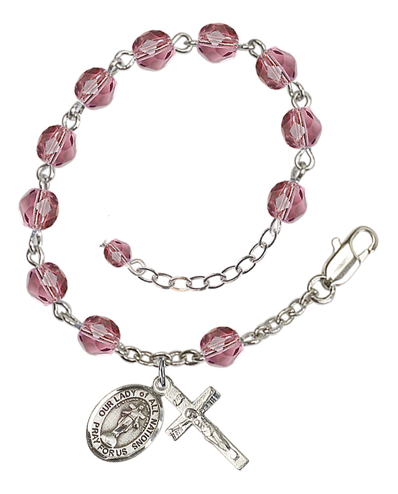 Our Lady of All Nations Rosary Bracelet - Silver Plate - February - Amethyst