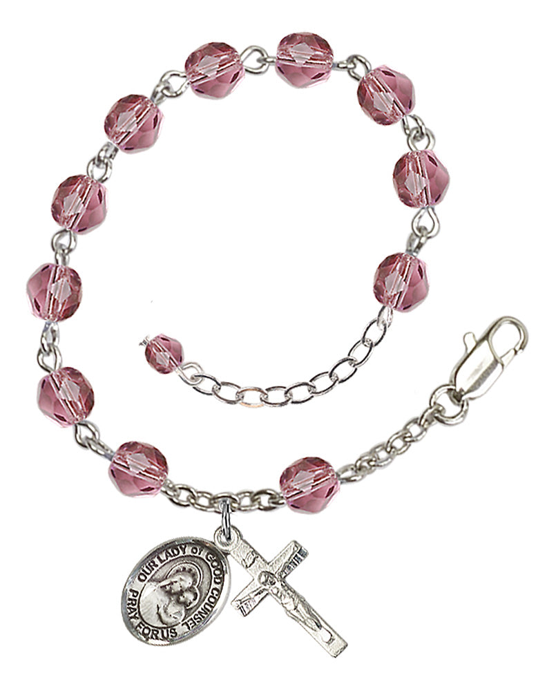 Our Lady of Good Counsel Rosary Bracelet - Silver Plate - February - Amethyst