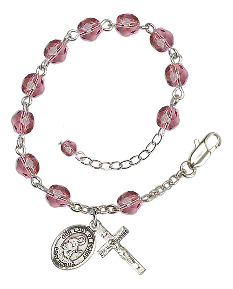 Our Lady of Mercy Rosary Bracelet - Silver Plate - February - Amethyst