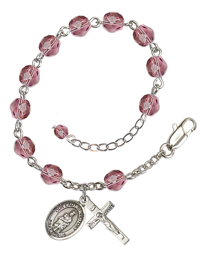 Our Lady of Victory Rosary Bracelet - Silver Plate - February - Amethyst