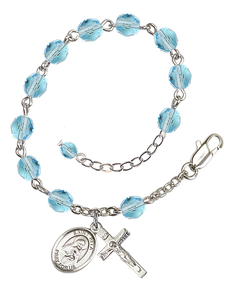 Saint Rita of Cascia Rosary Bracelet - Silver Plate - March - Aqua