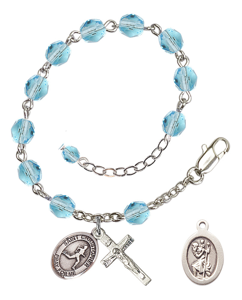 Saint Christopher Track and Field Rosary Bracelet - Silver Plate - March - Aqua