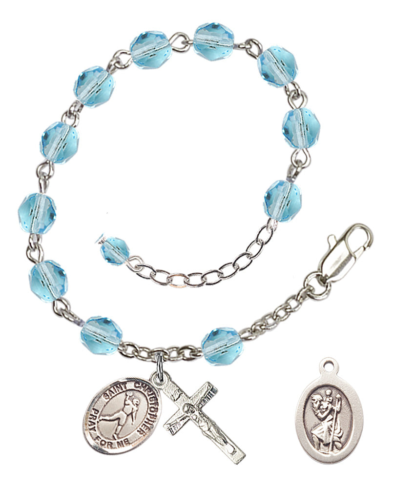 Saint Christopher Football Rosary Bracelet - Silver Plate - March - Aqua