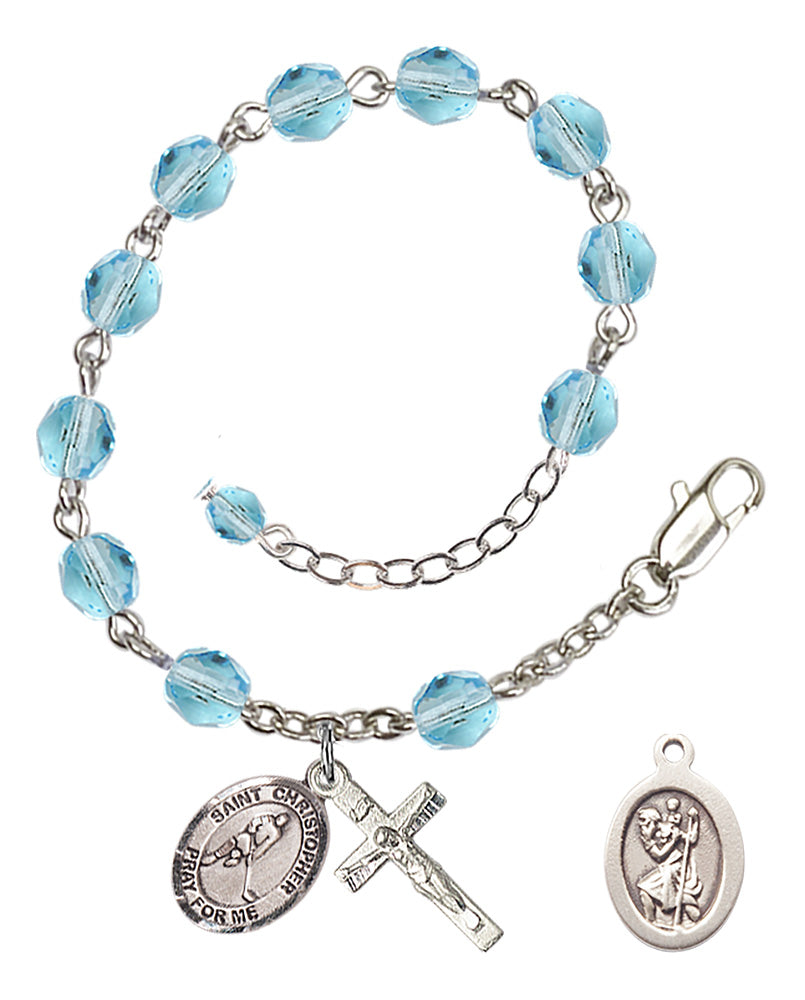 Saint Christopher Ice Hockey Rosary Bracelet - Silver Plate - March - Aqua