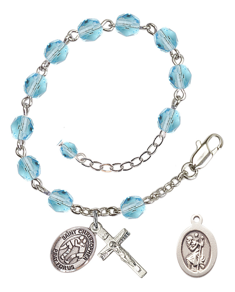 Saint Christopher Wrestling Rosary Bracelet - Silver Plate - March - Aqua