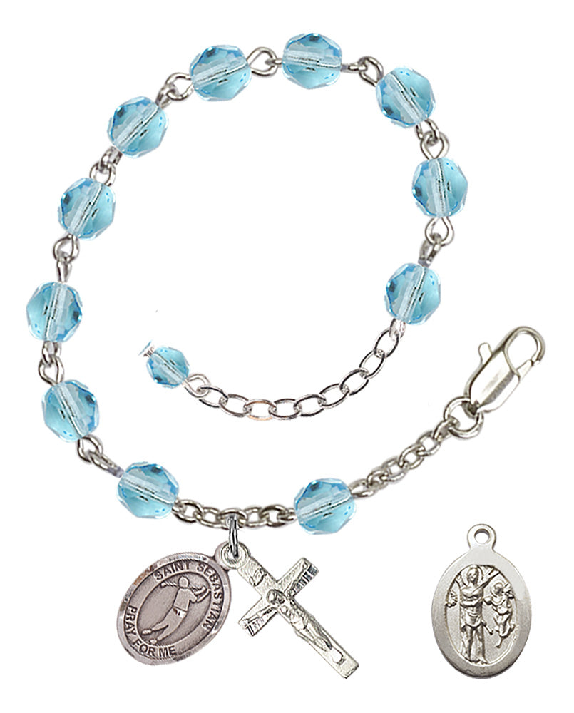 Saint Sebastian Golf Rosary Bracelet - Silver Plate - March - Aqua