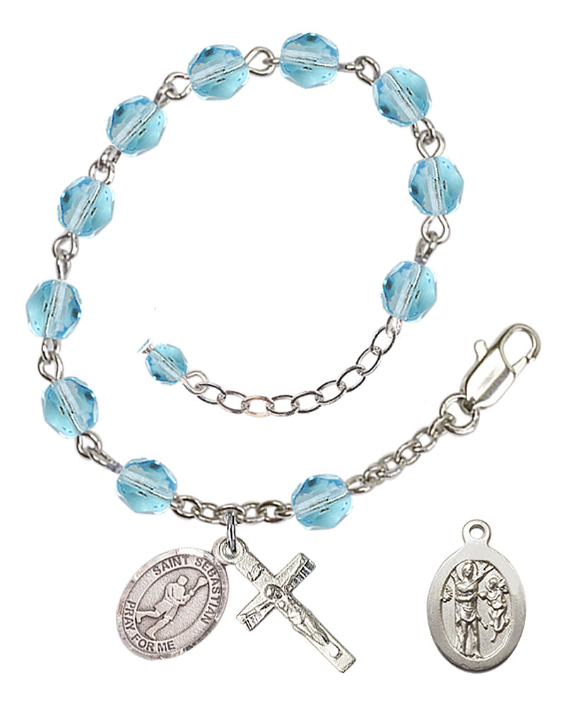 Saint Sebastian Lacrosse Rosary Bracelet - Silver Plate - March - Aqua