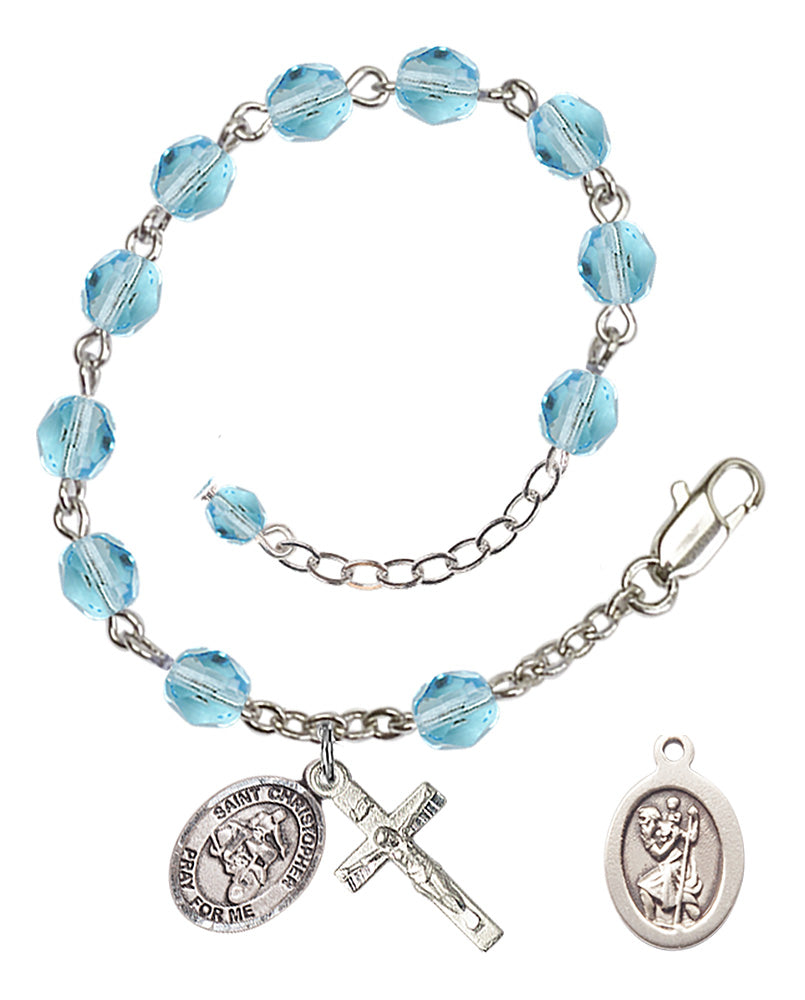 Saint Christopher Motorcycle Rosary Bracelet - Silver Plate - March - Aqua