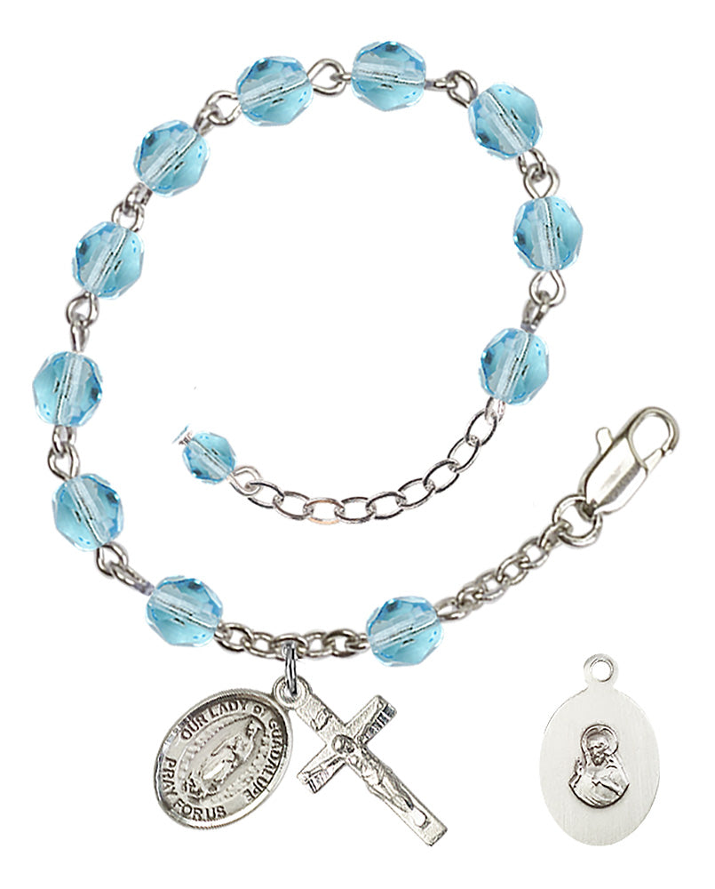 Our Lady of Guadalupe Rosary Bracelet - Silver Plate - March - Aqua
