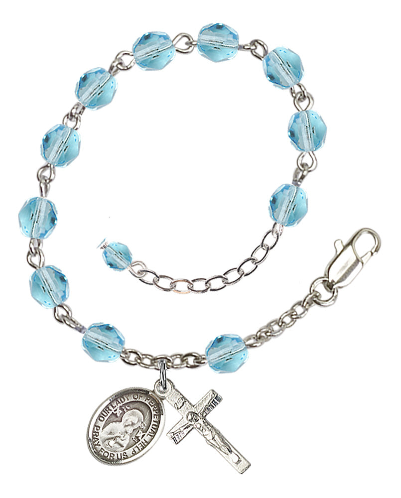 Our Lady of Perpetual Help Rosary Bracelet - Silver Plate - March - Aqua