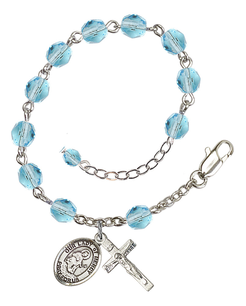 Our Lady of Mercy Rosary Bracelet - Silver Plate - March - Aqua