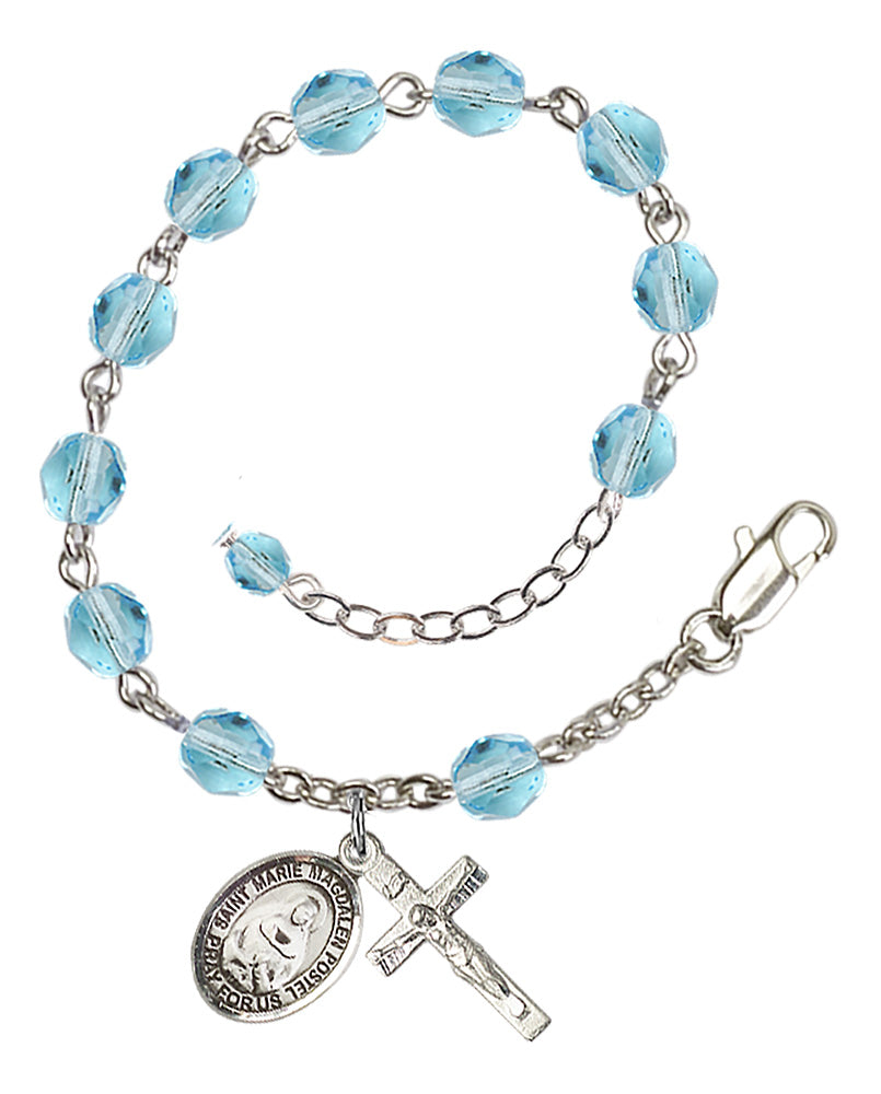 Saint Marie Magdalen Postel Rosary Bracelet - Silver Plate - March - Aqua