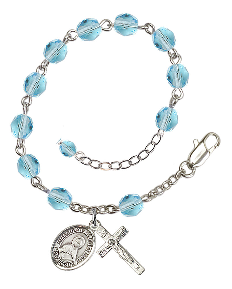 Immaculate Heart of Mary Rosary Bracelet - Silver Plate - March - Aqua