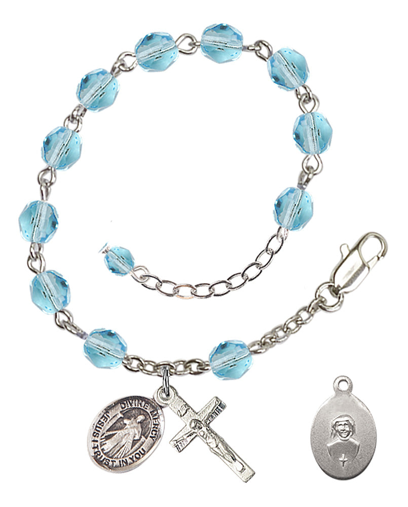 Divine Mercy Rosary Bracelet - Silver Plate - March - Aqua