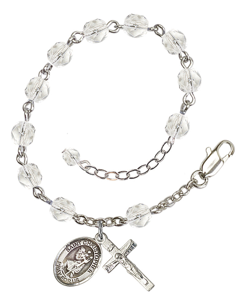 Saint Christopher Rosary Bracelet - Silver Plate - April - Crystal