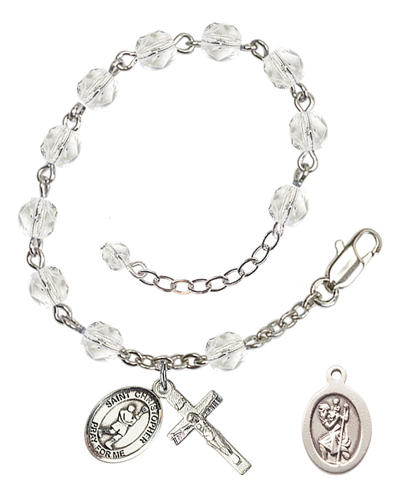 Saint Christopher Lacrosse Rosary Bracelet - Silver Plate - April - Crystal