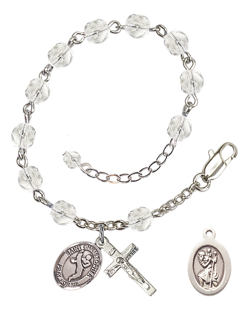Saint Christopher Martial Arts Rosary Bracelet - Silver Plate - April - Crystal