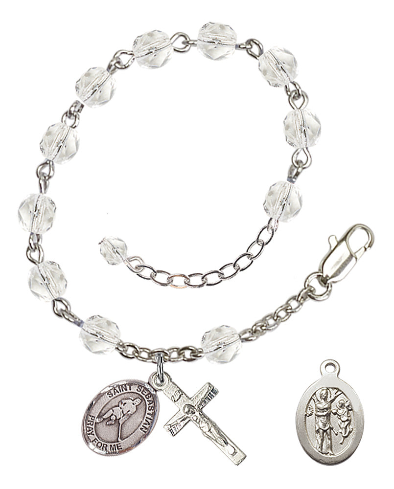 Saint Sebastian Ice Hockey Rosary Bracelet - Silver Plate - April - Crystal