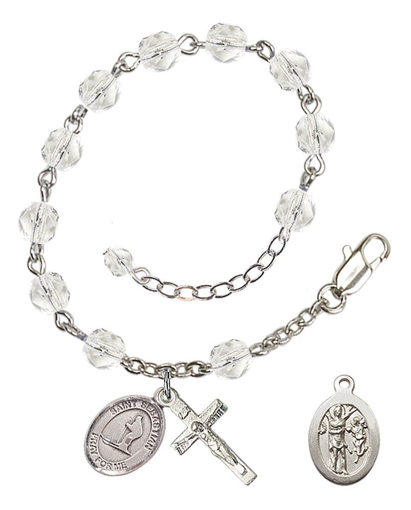 Saint Sebastian Skiing Rosary Bracelet - Silver Plate - April - Crystal