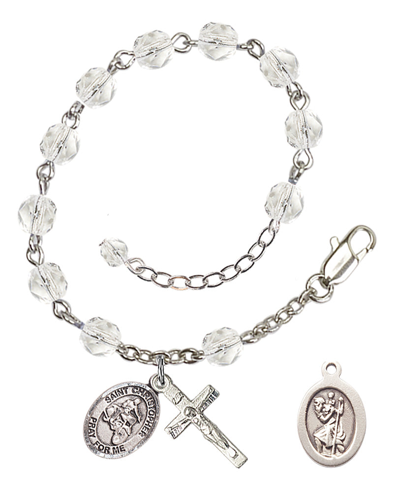 Saint Christopher Motorcycle Rosary Bracelet - Silver Plate - April - Crystal