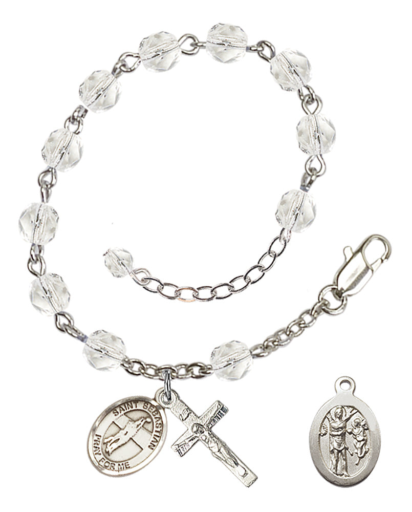 Saint Sebastian Volleyball Rosary Bracelet - Silver Plate - April - Crystal