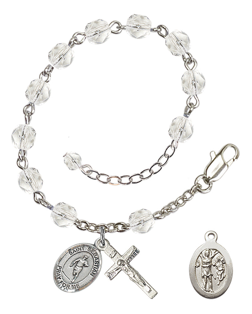 Saint Sebastian Rugby Rosary Bracelet - Silver Plate - April - Crystal