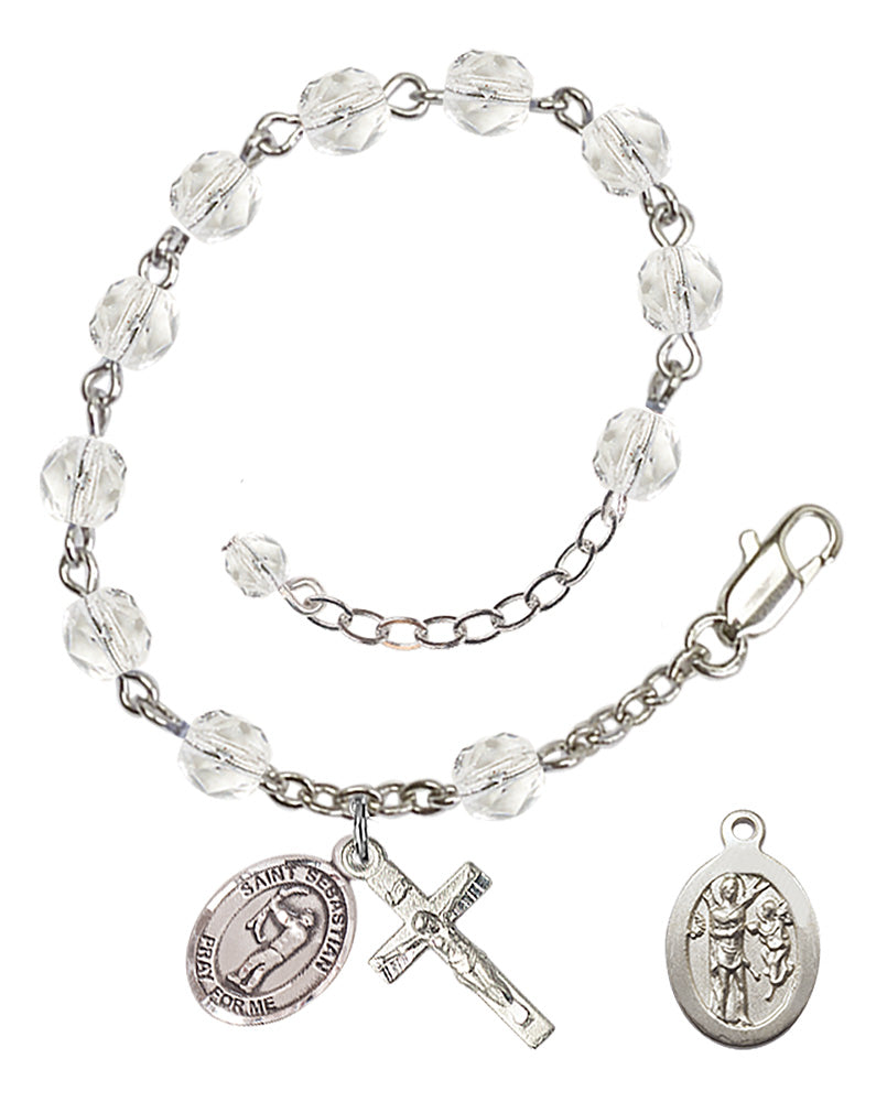 Saint Sebastian Archery Rosary Bracelet - Silver Plate - April - Crystal