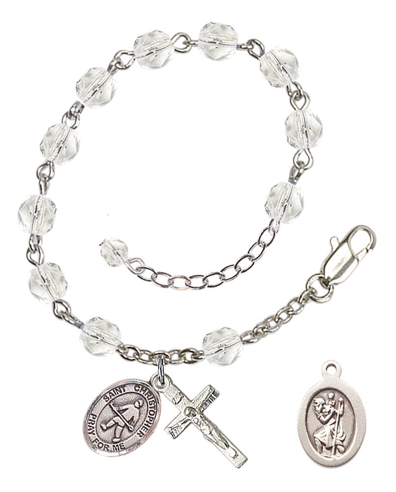 Saint Christopher Field Hockey Rosary Bracelet - Silver Plate - April - Crystal