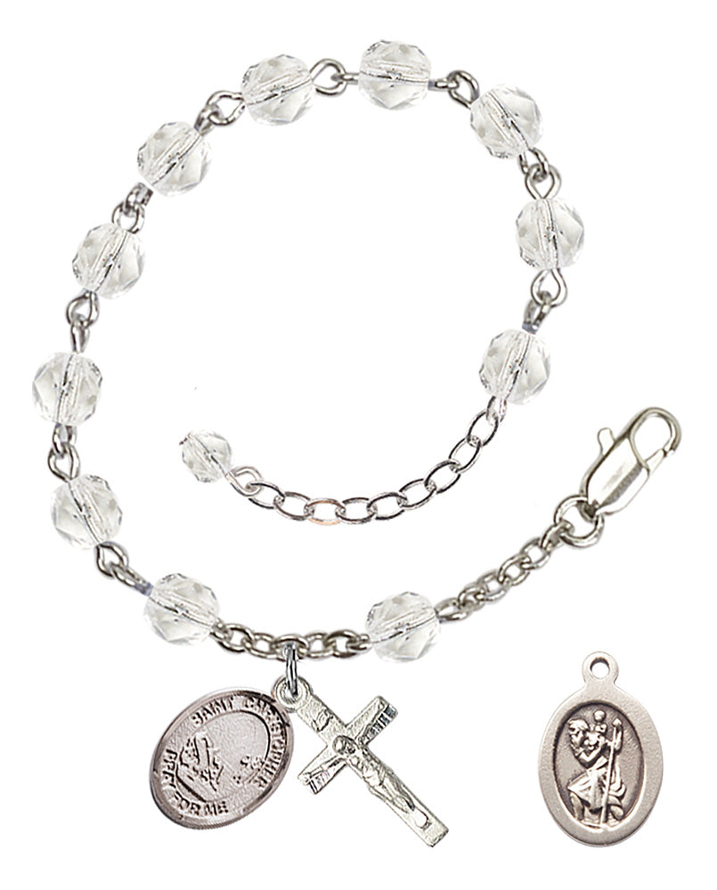 Saint Christopher Fishing Rosary Bracelet - Silver Plate - April - Crystal