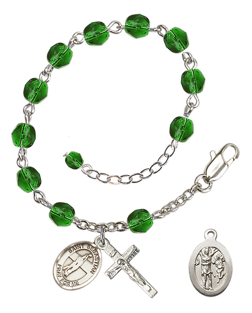 Saint Sebastian Volleyball Rosary Bracelet - Silver Plate - May - Emerald