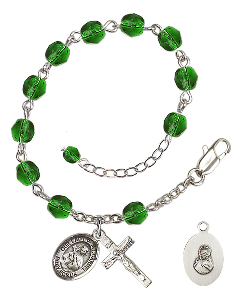 Our Lady of Mount Carmel Rosary Bracelet - Silver Plate - May - Emerald