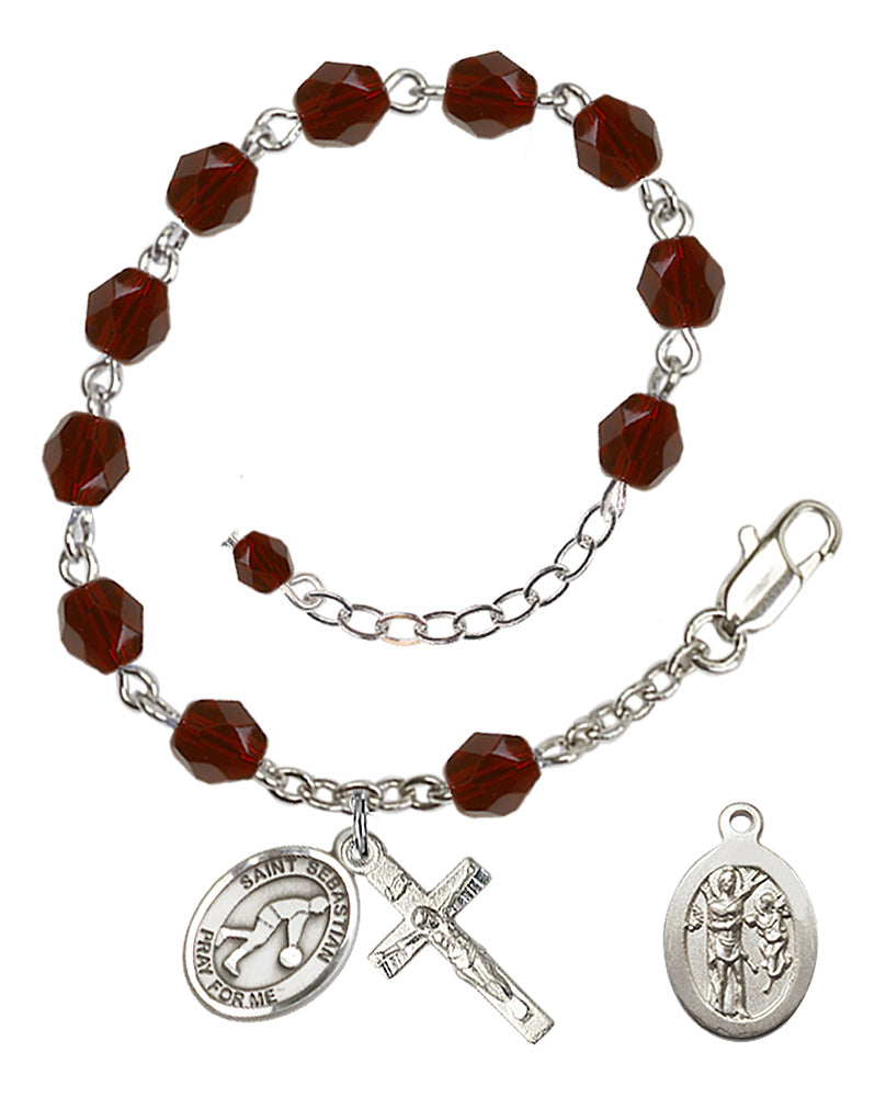 Saint Sebastian Basketball Rosary Bracelet - Silver Plate - January - Garnet