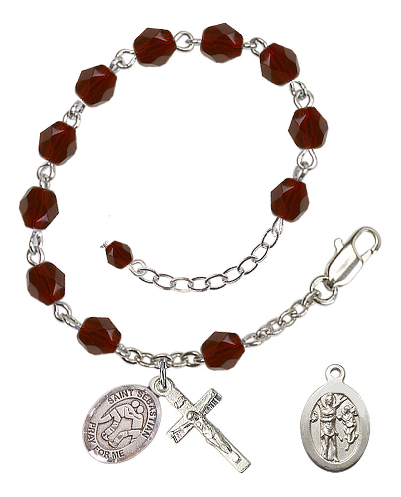 Saint Sebastian Wrestling Rosary Bracelet - Silver Plate - January - Garnet
